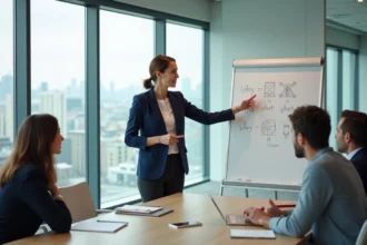 Une leader en blazer marine explique le cadre Why What How à son équipe dans une salle de réunion moderne avec vue sur la ville
