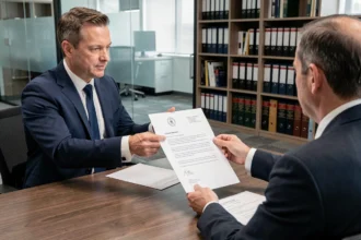 Responsable RH remettant une lettre de licenciement pour faute grave à un employé dans un bureau d'entreprise