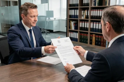Responsable RH remettant une lettre de licenciement pour faute grave à un employé dans un bureau d'entreprise