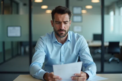 Homme en entretien RH tenant un document de licenciement dans un bureau d'entreprise moderne, illustrant les droits au chômage en 2026