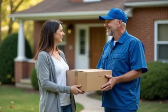 Livreur en uniforme remettant un colis à une femme dans un quartier