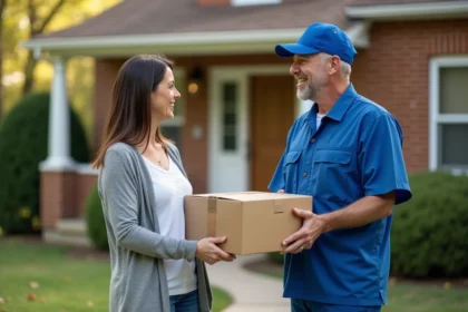 Livreur en uniforme remettant un colis à une femme dans un quartier