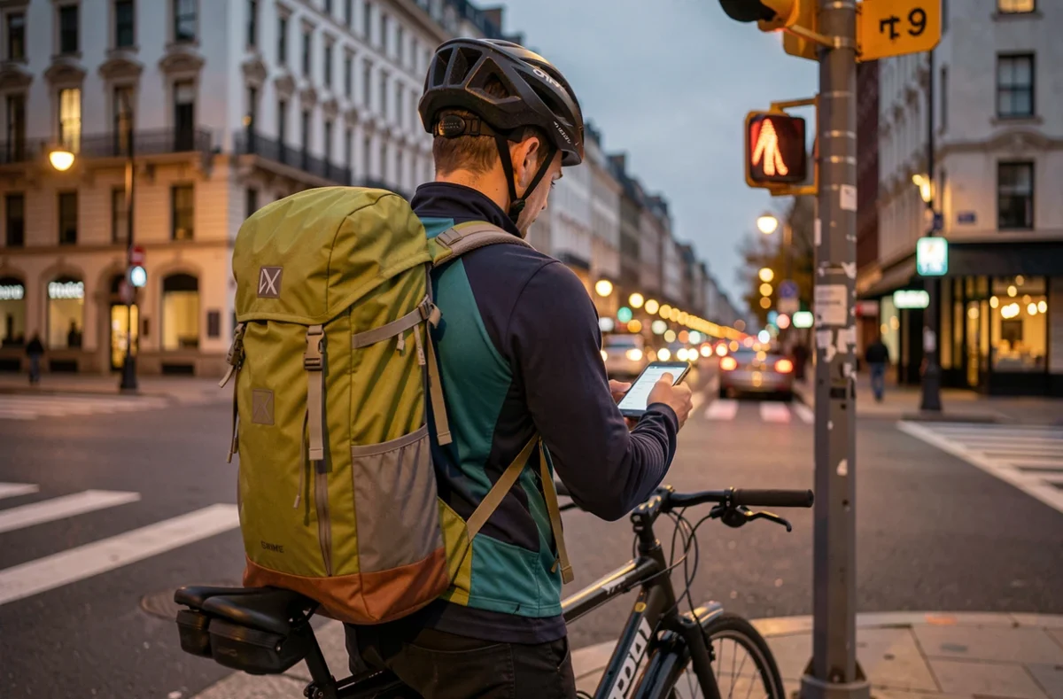Livreur à vélo consultant son téléphone dans une rue de ville au crépuscule