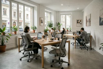 Espace de co-working moderne à Aix-les-Bains avec des bureaux en bois et des professionnels au travail