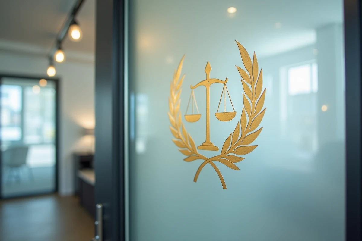 Gros plan sur le logo officiel des notaires en vinyl doré appliqué sur panneau en verre dépoli à l'entrée d'un office notarial