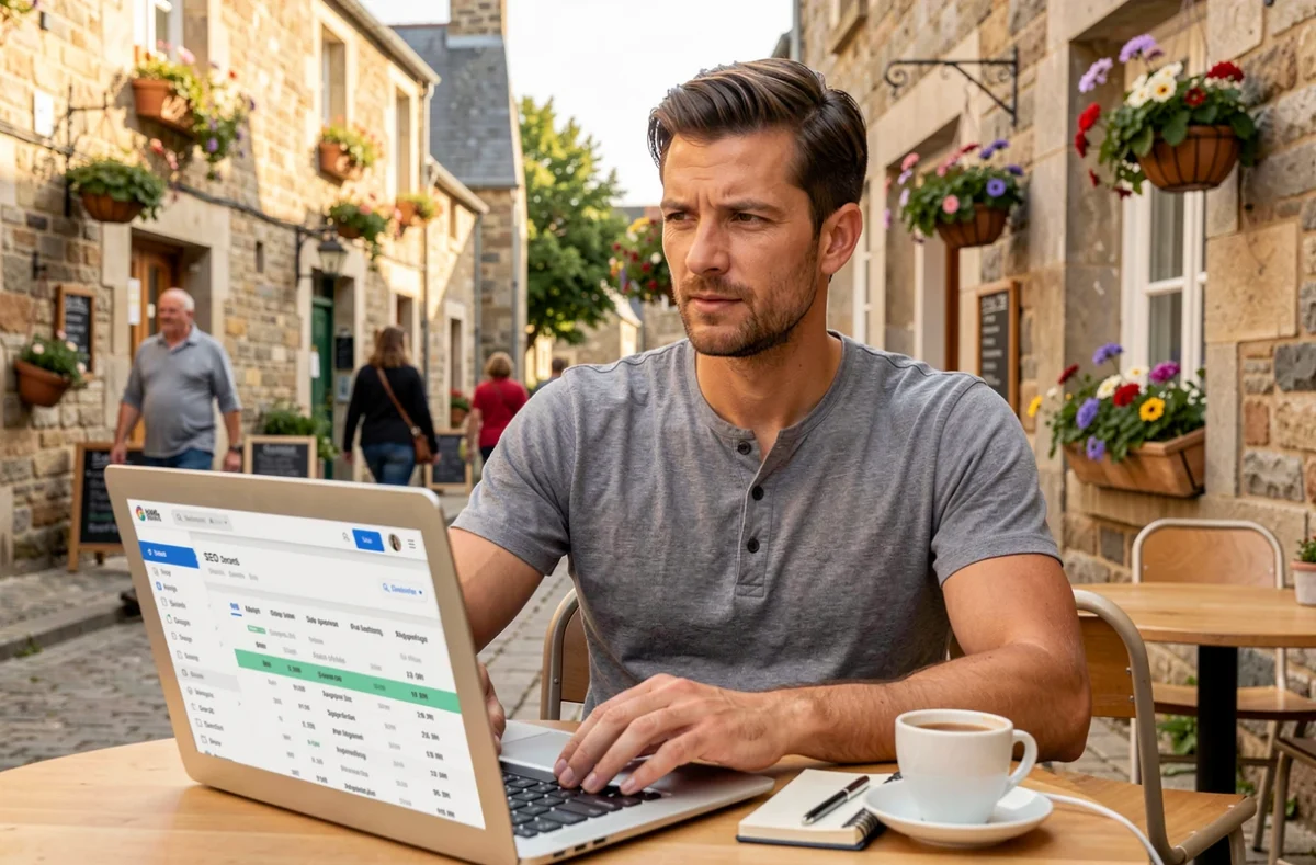 Consultant SEO indépendant Maël Guelou travaillant en terrasse de café dans une ville bretonne