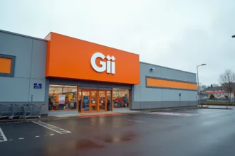Façade extérieure d'un magasin GiFi dans une zone commerciale française avec son enseigne orange, parking peu fréquenté évoquant une possible fermeture