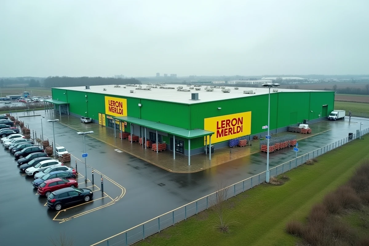 Vue extérieure d'un grand magasin Leroy Merlin en zone commerciale de banlieue française, illustrant la croissance du géant du bricolage