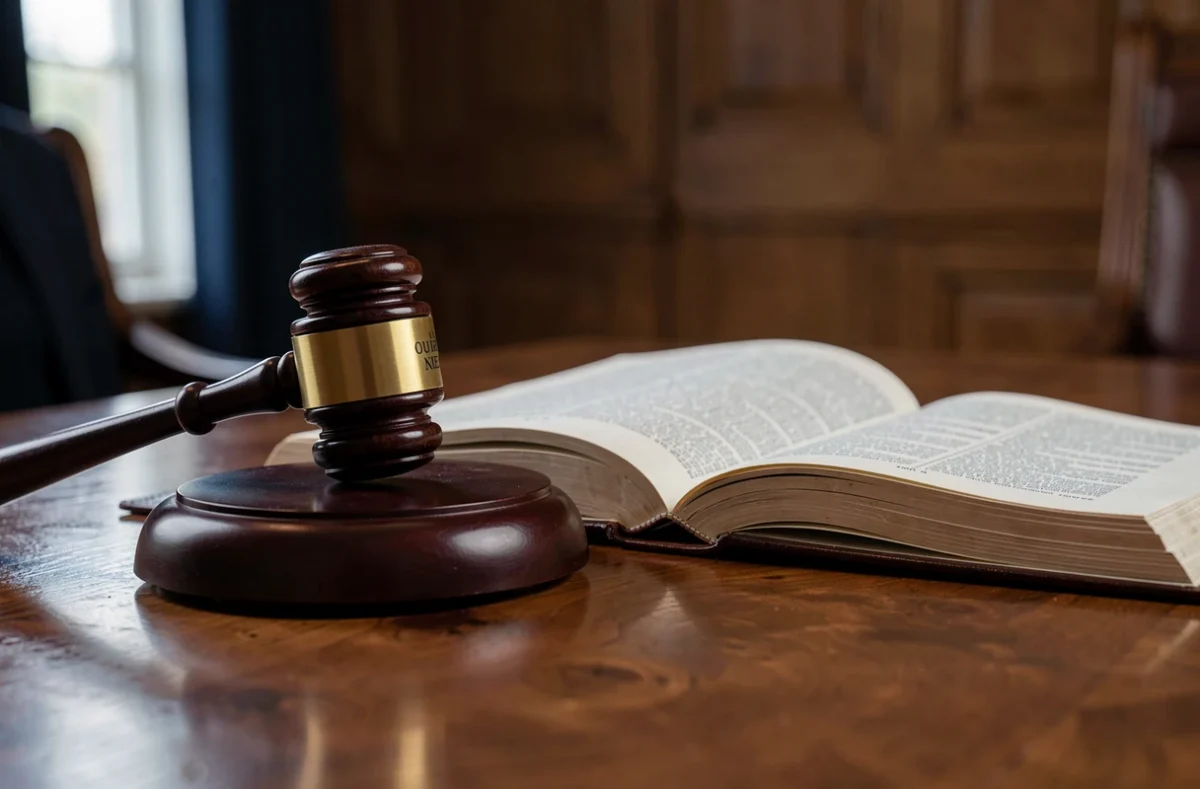 Maillet de juge posé sur un code juridique ouvert dans une salle d'audience