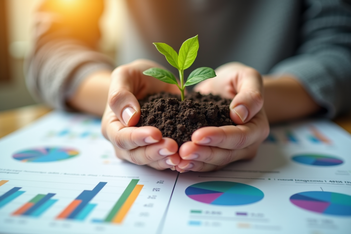 Main tenant une jeune pousse avec documents ESG et CSR en arrière-plan