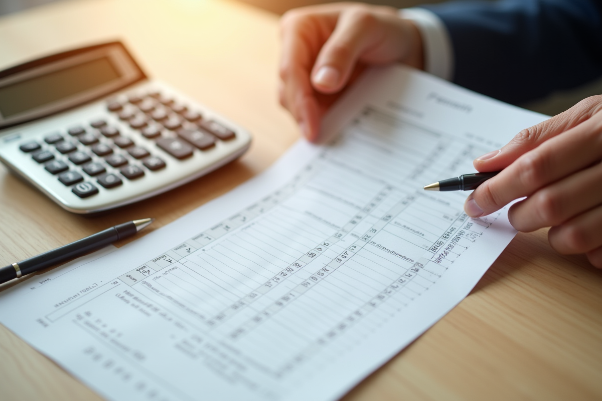 Mains tenant un bulletin de salaire avec calculatrice et stylo