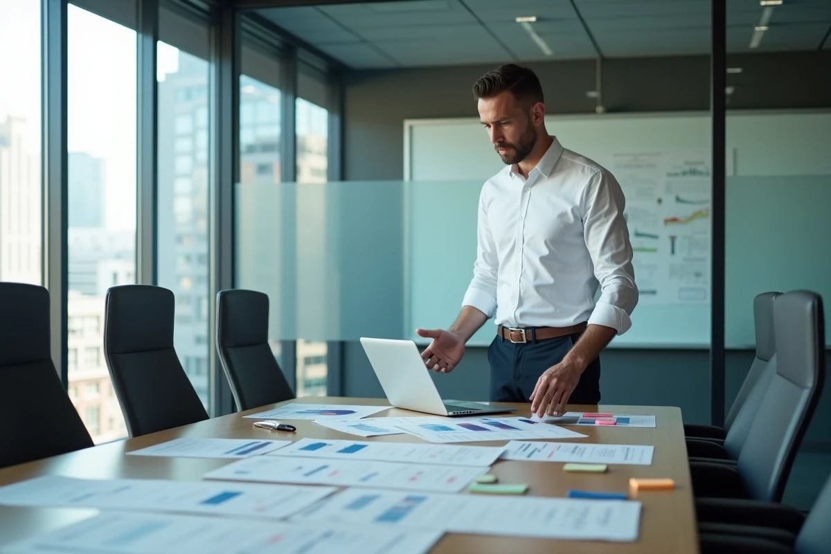 Manager B2B debout en salle de réunion vitree présentant un rapport de veille concurrentielle avec documents imprimés et laptop