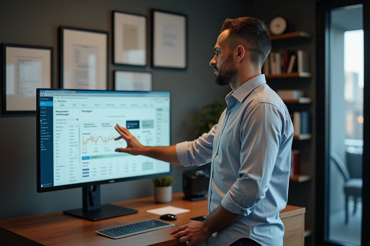 Manager expérimenté consultant un logiciel de gestion et restructuration de la prospection commerciale dans son bureau privé