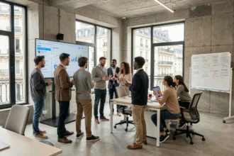 Vue d'ensemble d'une agence de marketing digital moderne en Île-de-France avec une équipe collaborative autour d'écrans d'analyse