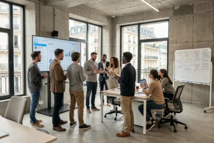 Vue d'ensemble d'une agence de marketing digital moderne en Île-de-France avec une équipe collaborative autour d'écrans d'analyse