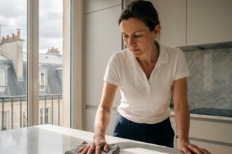 Employée de ménage professionnelle nettoyant le plan de travail d'une cuisine moderne dans un appartement à Puteaux