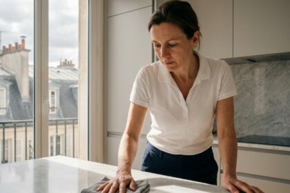 Employée de ménage professionnelle nettoyant le plan de travail d'une cuisine moderne dans un appartement à Puteaux
