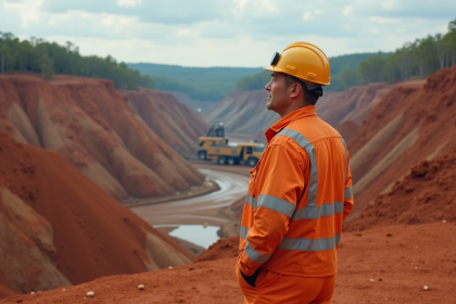 Mineur en tenue orange à l'entrée d'une mine à ciel ouvert