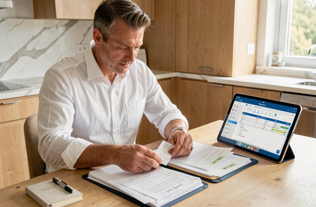 Travailleur indépendant en portage salarial triant ses reçus et notes de frais à domicile avec une application de comptabilité sur tablette