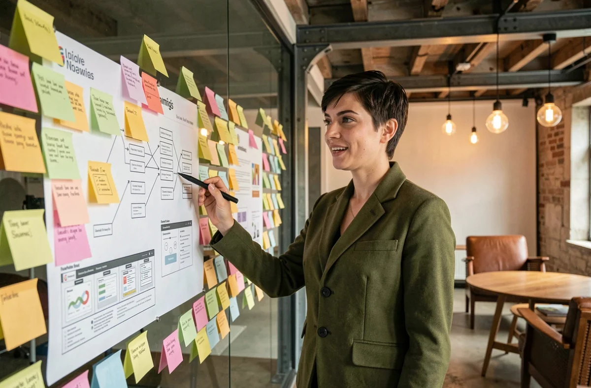 Directrice créative d'Opozite présentant des wireframes UX dans un studio de design moderne