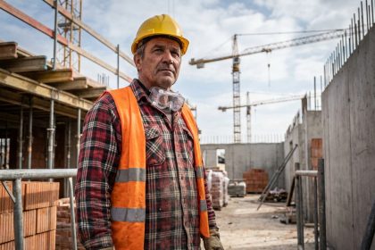 Ouvrier du bâtiment en tenue de sécurité sur un chantier