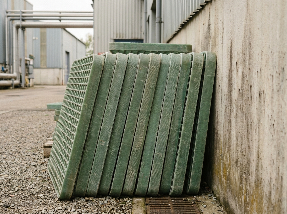 Panneaux de caillebotis en fibre de verre empilés contre un mur extérieur d'un site industriel