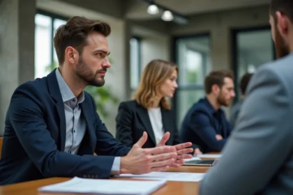 Deux partenaires professionnels discutant autour d'une table de réunion moderne, illustrant la collaboration et le témoignage client sur le travail de Thibault Richelme