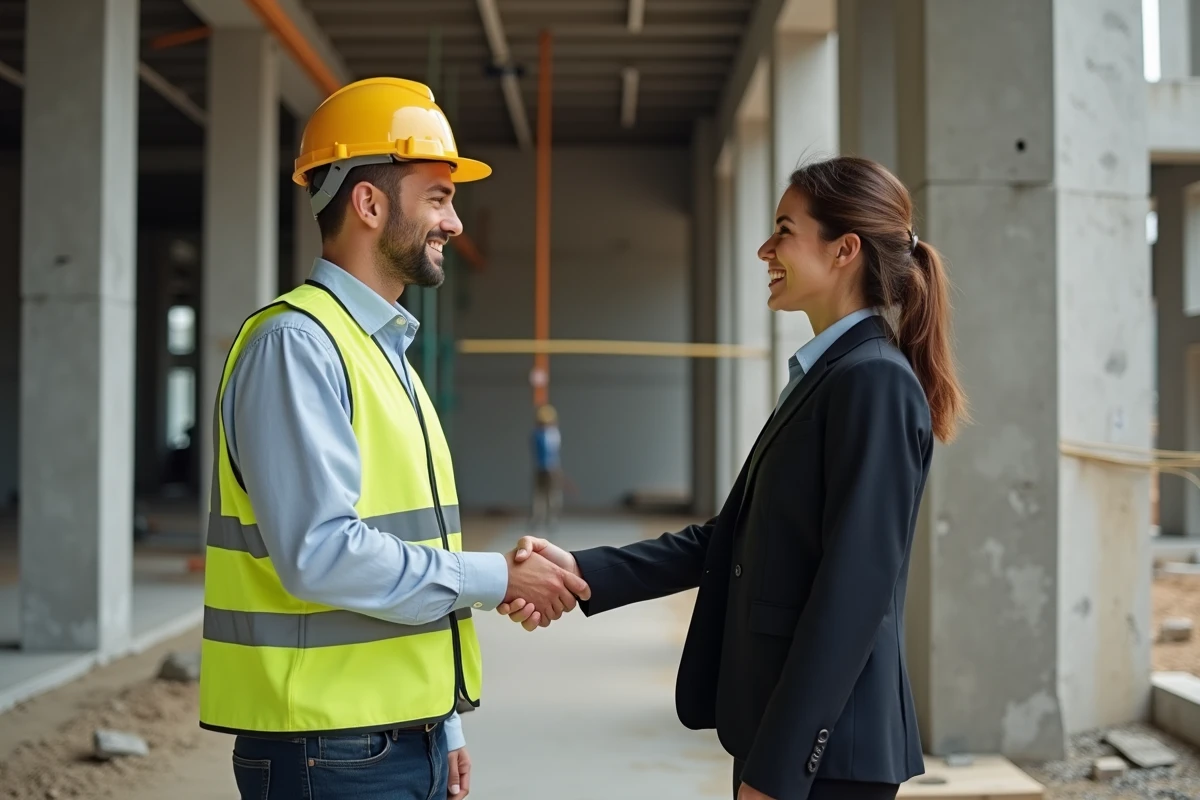 Directeur de chantier BTP et responsable commerciale se serrant la main sur un chantier de construction en cours