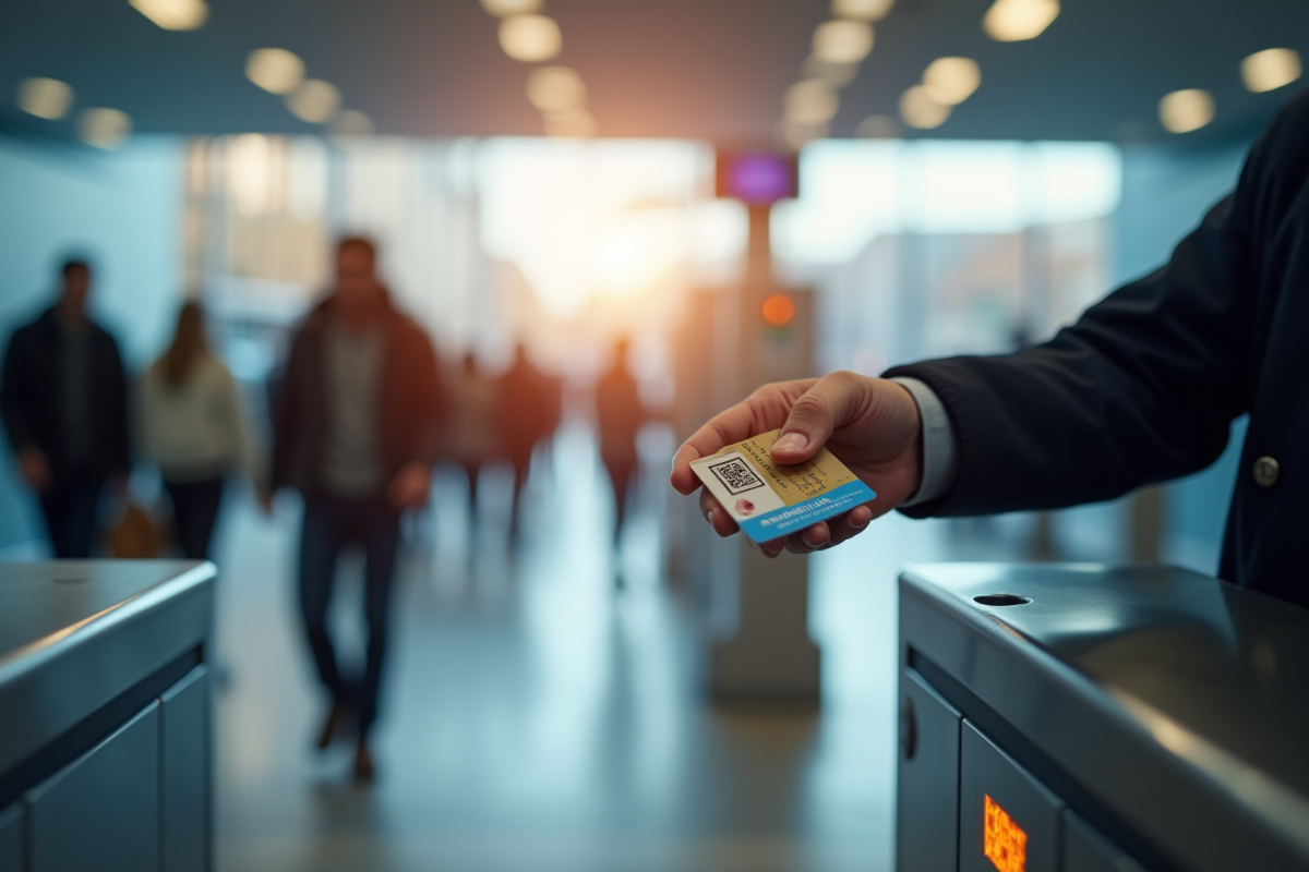 Passager scannant sa carte dans un métro lumineux et propre
