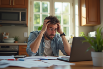 Personne inquiète au travail avec documents et ordinateur