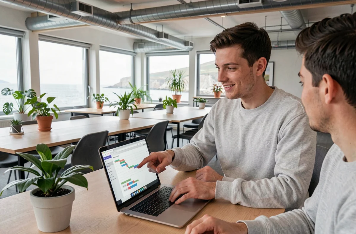 Chef de projet digital de Planeo Digital en Finistère présentant un calendrier SEO dans un coworking