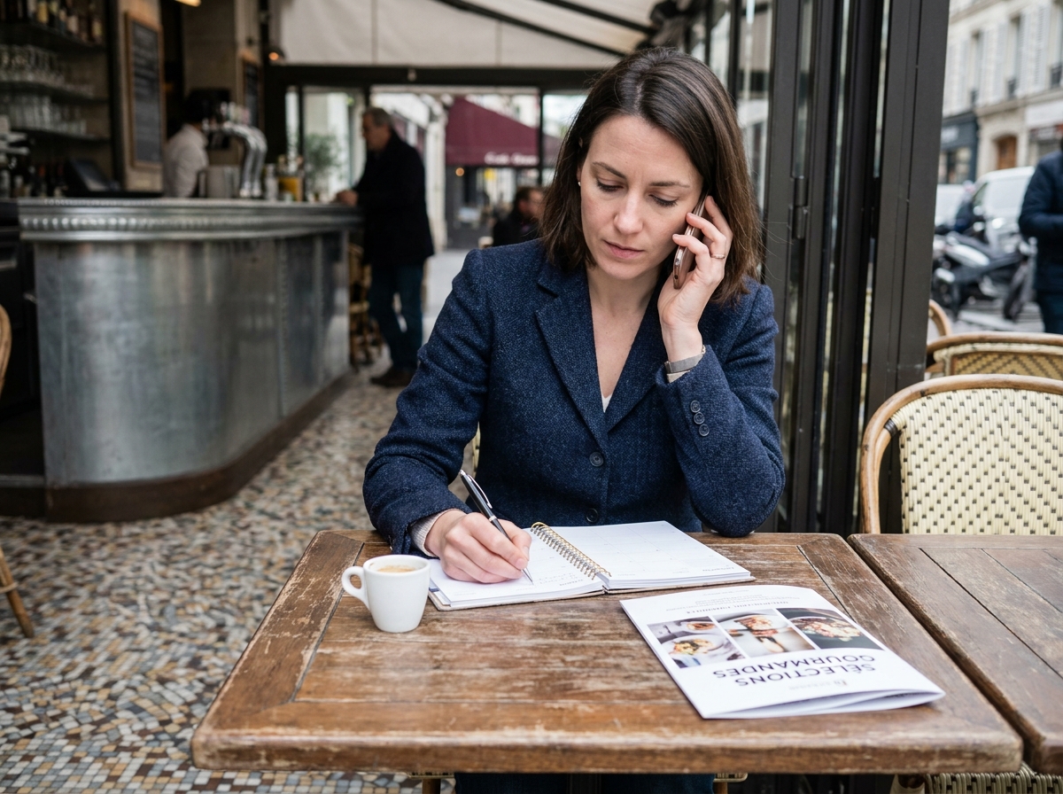 Femme planifiant à l'avance une commande de cocktails auprès d'un traiteur parisien depuis un café
