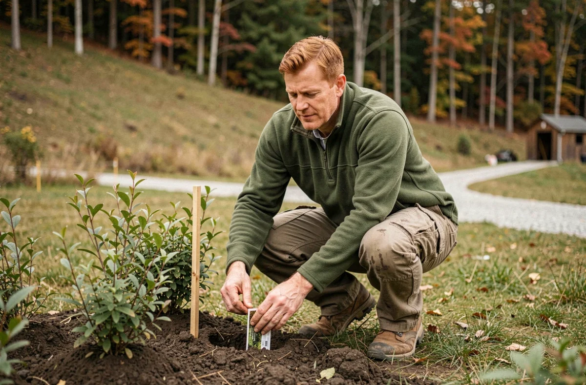 Homme plantant des arbustes indigènes dans une prairie en bordure de forêt dans le cadre d'un projet de transition écologique SILVAE