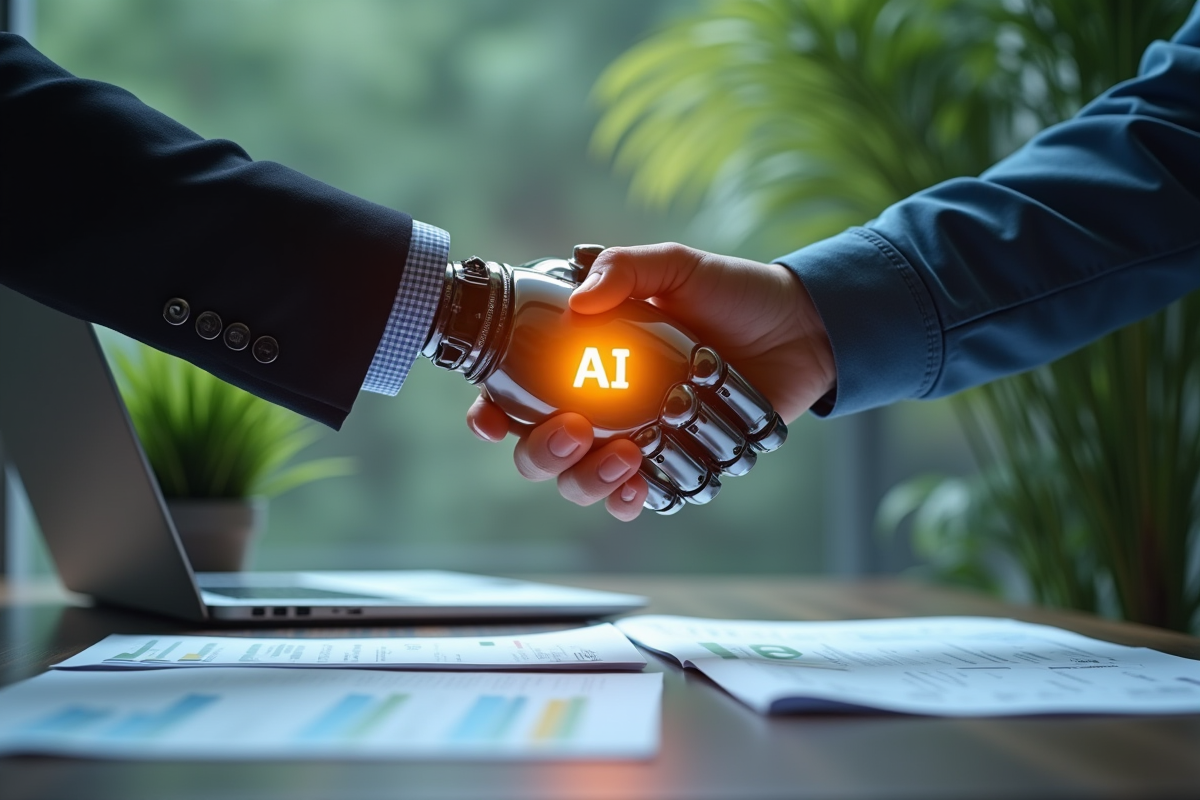 Main robotique et main humaine se serrant la main sur un bureau avec documents et symbole AI