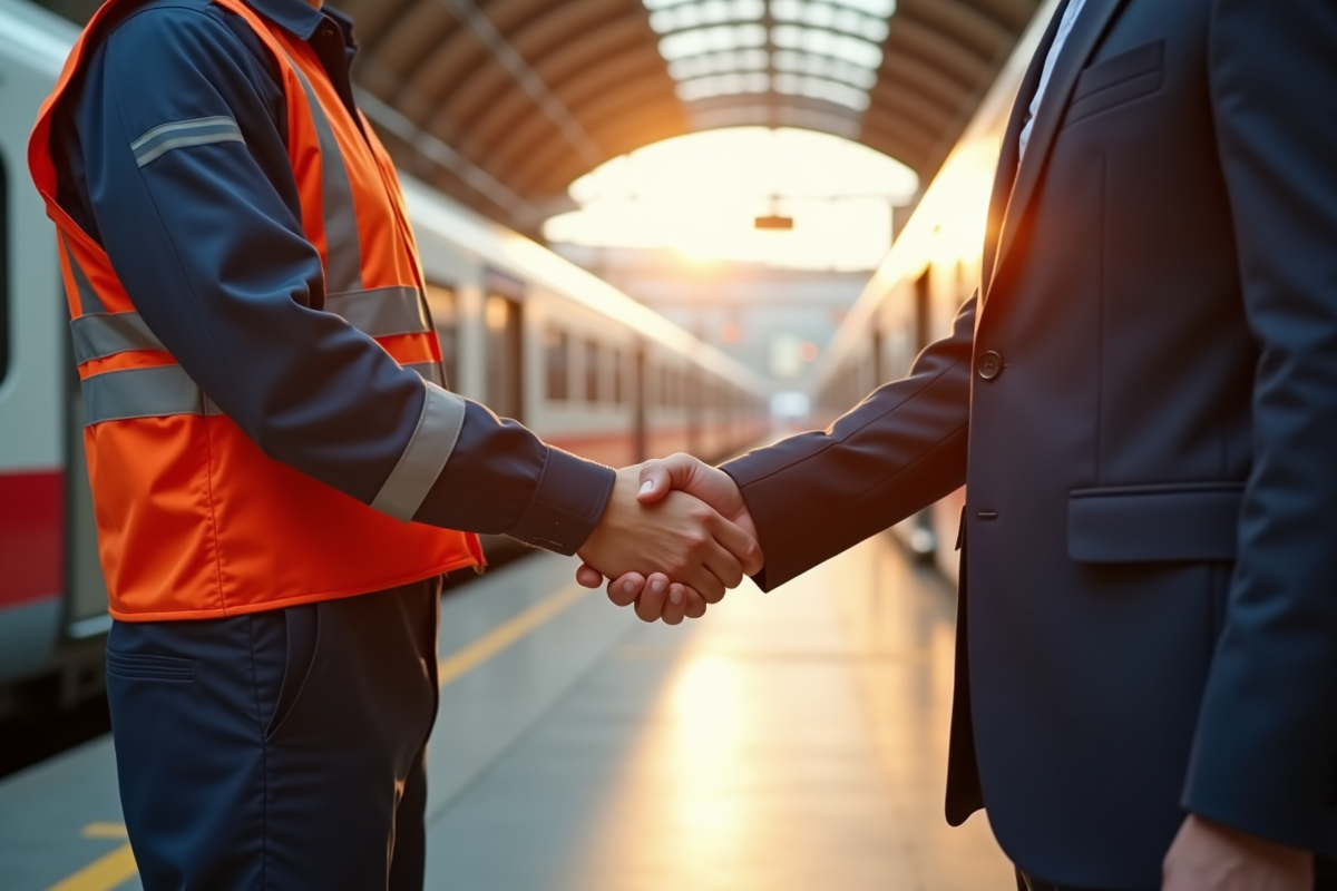Poignée de main entre agent ferroviaire et représentant