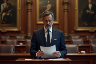 Politicien français en costume navy lors d'un discours officiel