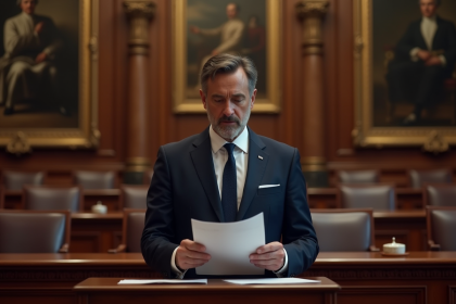 Politicien français en costume navy lors d'un discours officiel