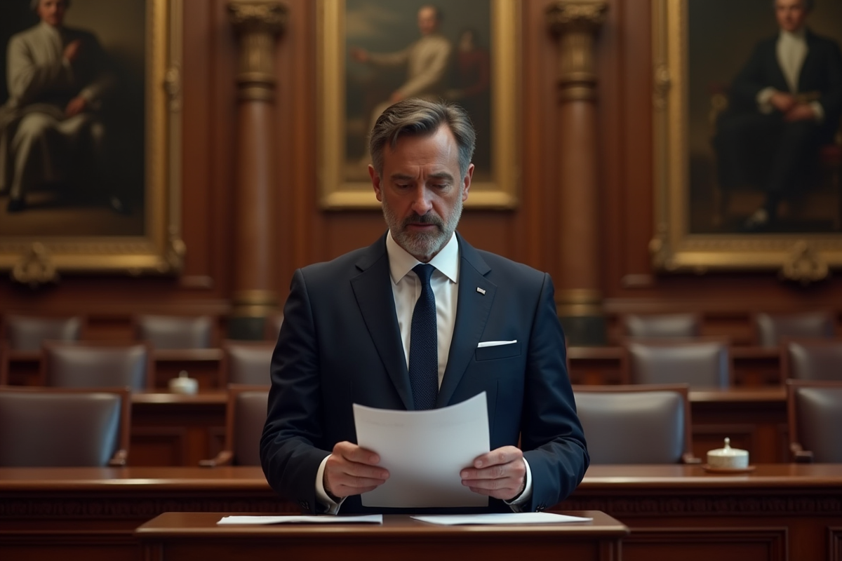 Politicien français en costume navy lors d'un discours officiel