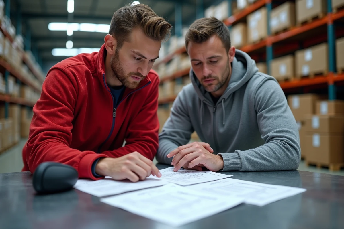 Deux agents de distribution préparant ensemble une check-list de tournée sur des bons de livraison dans un entrepôt logistique