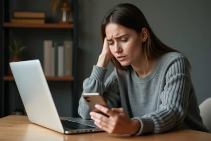 Femme frustrée devant son ordinateur portable tentant de résoudre un problème de commande sur un site e-commerce