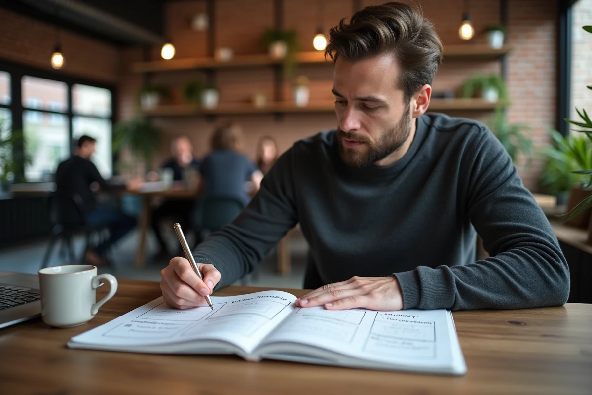 Un professionnel concentré rédige un plan stratégique selon le modèle Why What How dans un espace de coworking