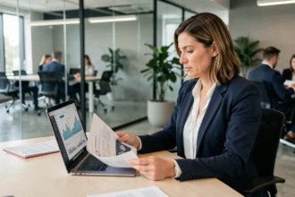Professionnelle B2B analysant des rapports de performance dans un bureau moderne avec écrans de données