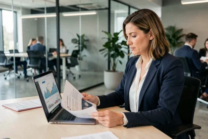 Professionnelle B2B analysant des rapports de performance dans un bureau moderne avec écrans de données