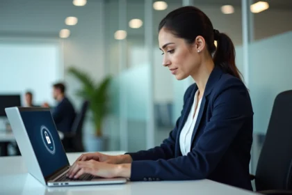 Professionnelle en entreprise sécurisant l'accès à un portail métier sur son ordinateur portable dans un bureau moderne