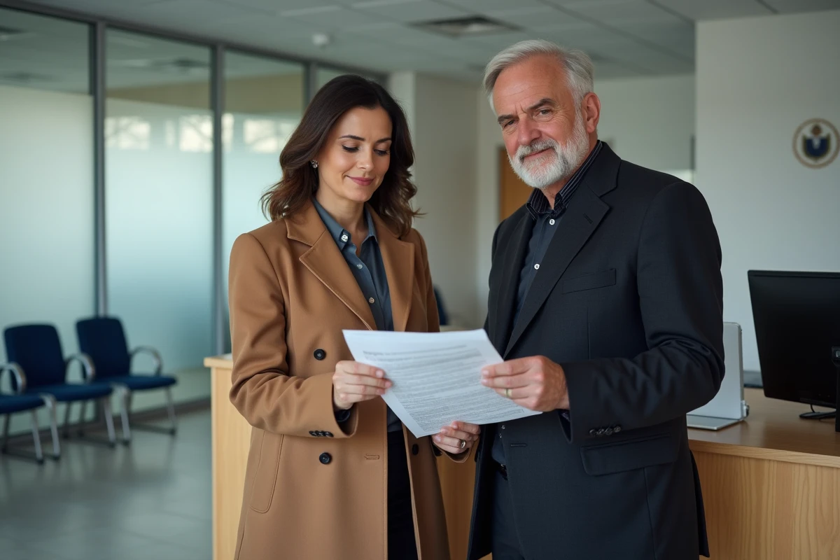 Deux professionnels examinant des documents douaniers au guichet d'un bureau de douane français
