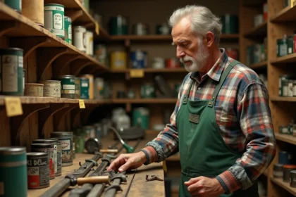 Employé d'une quincaillerie traditionnelle française des années 1960 arrangeant des outils sur des étagères en bois, évoquant les origines locales de Leroy Merlin