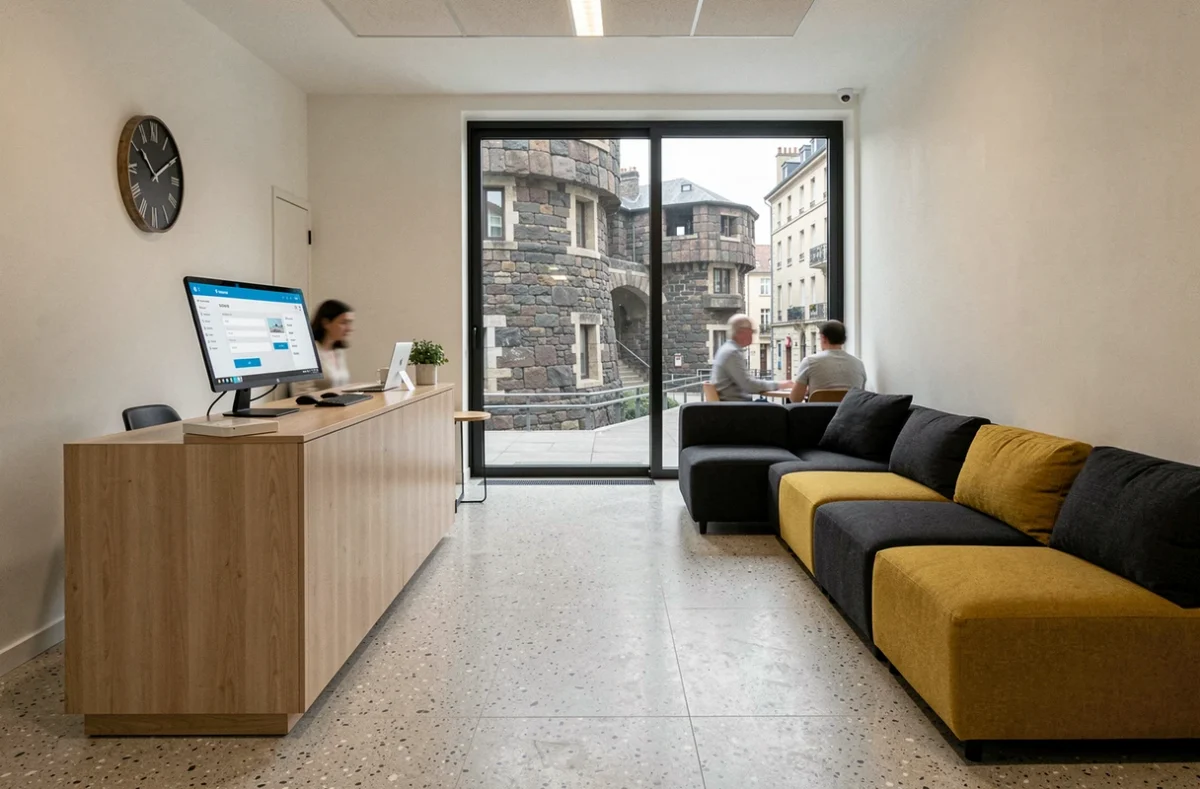 Réception et espace commun d'un coworking moderne à Clermont-Ferrand avec vue sur la ville