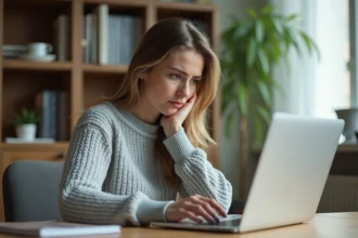 Femme frustrée devant son ordinateur portable essayant de récupérer son mot de passe oublié sur myPrimobox