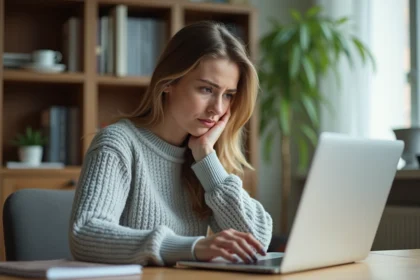 Femme frustrée devant son ordinateur portable essayant de récupérer son mot de passe oublié sur myPrimobox