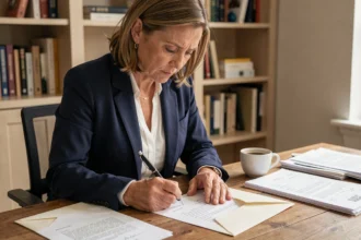 Femme rédigeant une lettre recommandée pour loyers impayés à son bureau à domicile